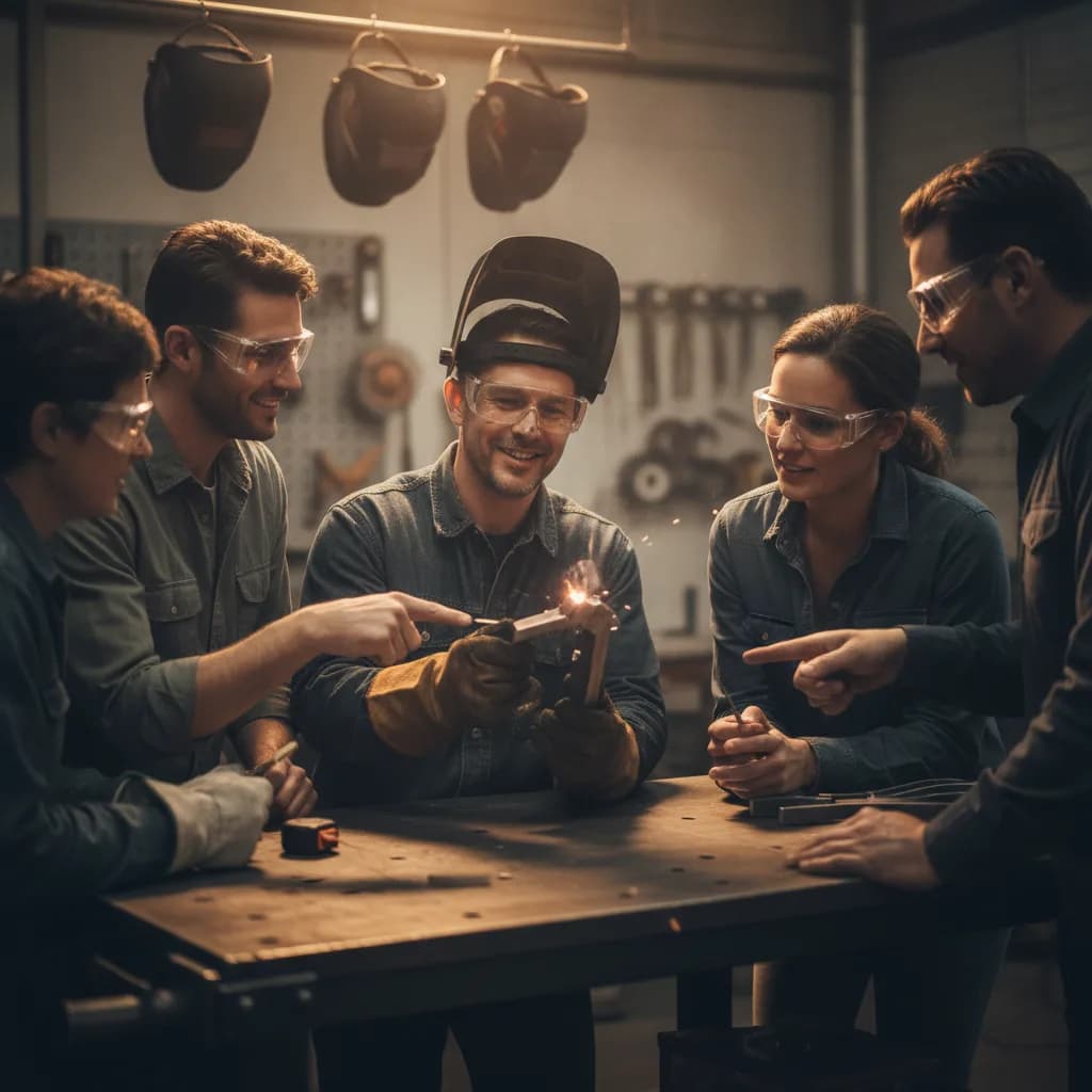 Members gathered around a workbench giving live feedback during a Welding Wednesday meetup